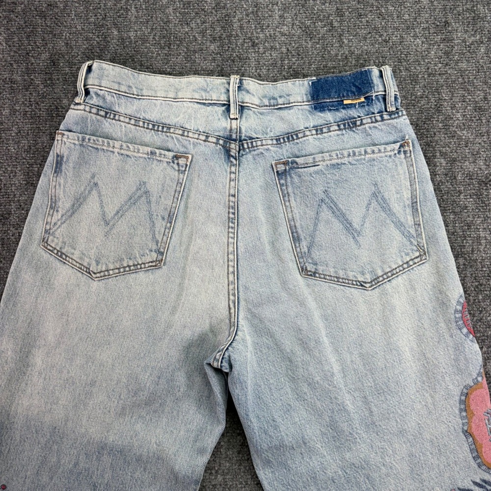 MOTHER Light Blue Denim Wide-Leg Jeans with Pink & Red Floral Panels - Picture 13 of 16